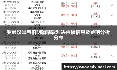 罗瑟汉姆与伯明翰精彩对决直播信息及赛前分析分享